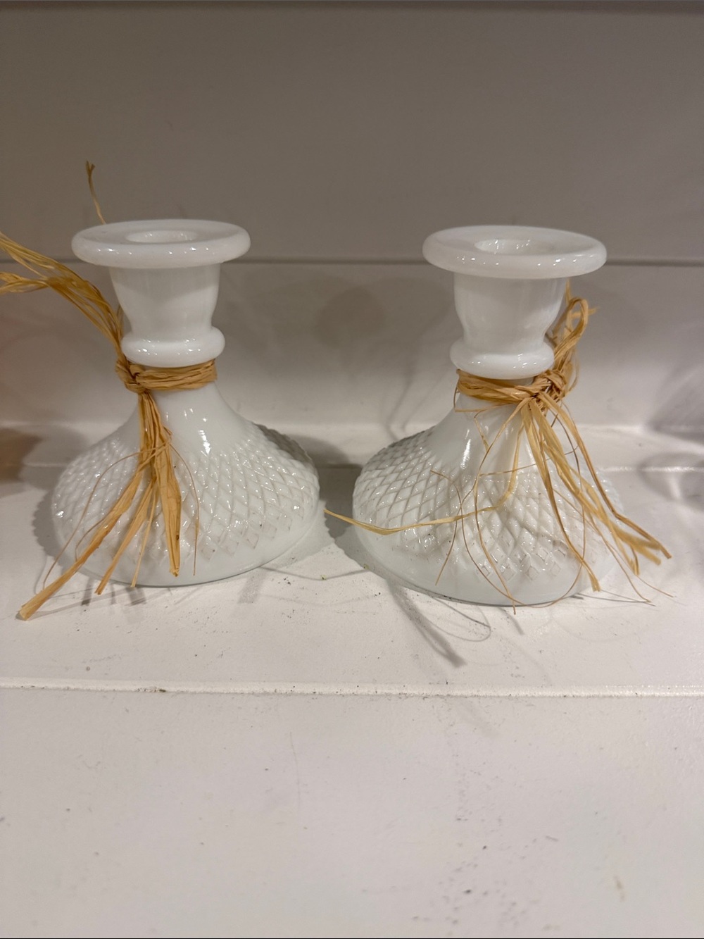 White Milk Vintage Diamond Hobnail Glass Home Accents Candle Holders